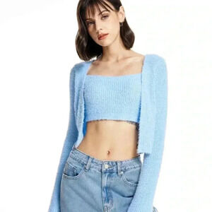 Cider Women’s Blue Crop Tank & Cardigan Sweater Long Sleeve Size Small